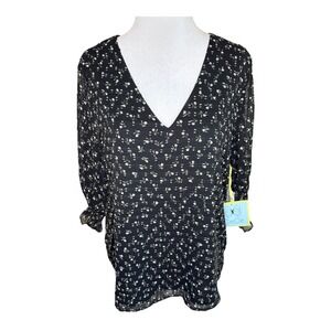 CeCe Black‎ Floral Print V-Neck Long Sleeve Blouse Top Size Medium NWT